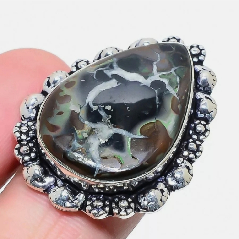 New Mud Crack Jasper Fossil 925 Silver Ring.
